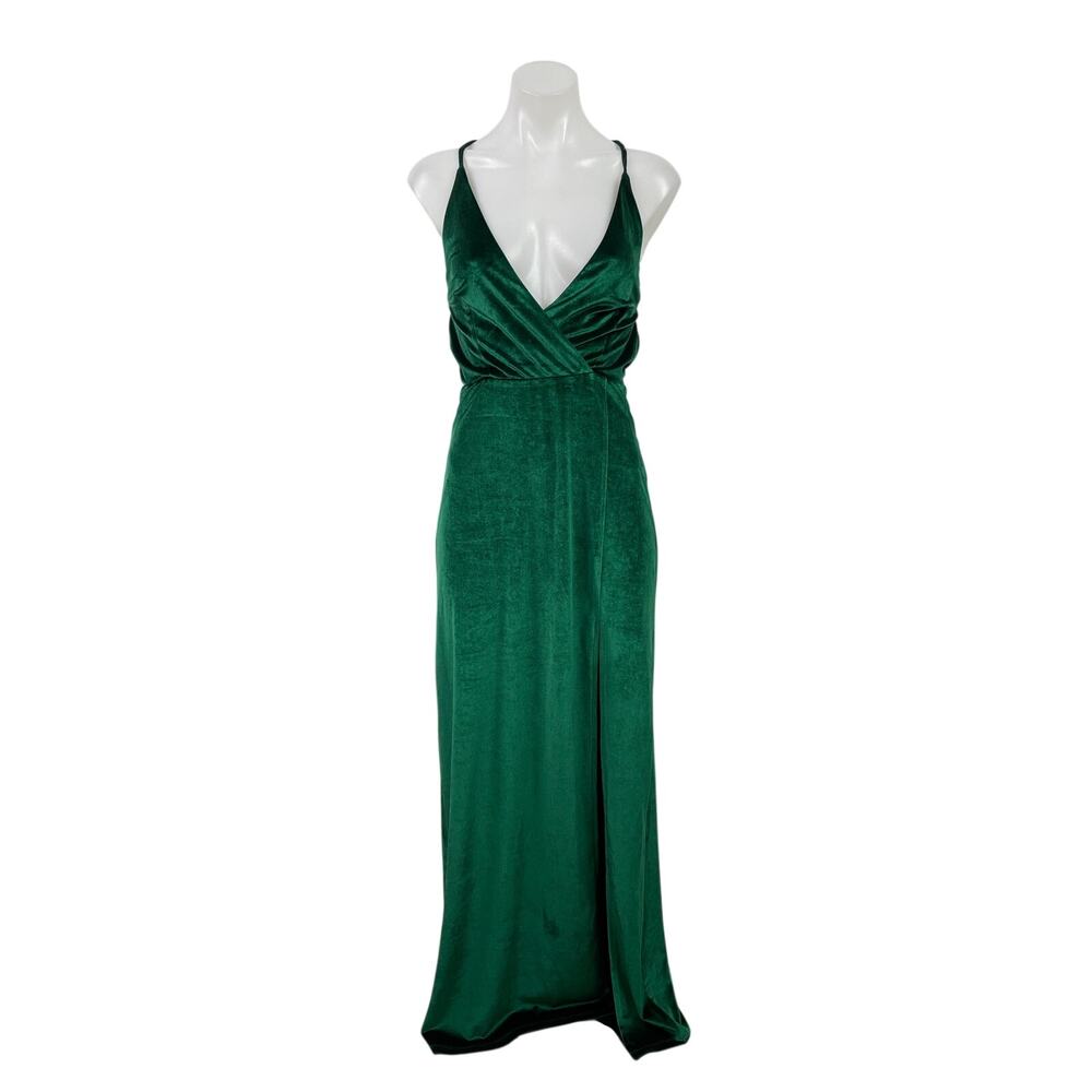Tobi Green Velvet Velour Sleeveless V Neck Strappy Faux Wrap Maxi Dress Size XS